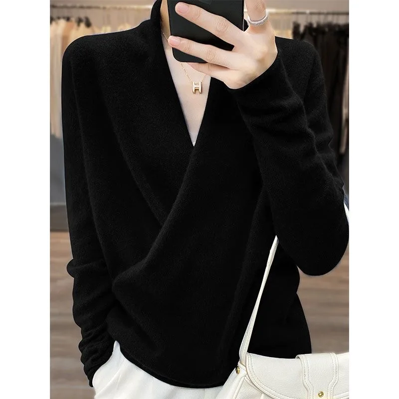 100% Merino Wool Kimono Pullover For Women\'s V-Neck Loose And Fashionable Sweater Spring And Autumn New Cashmere Knitted Top