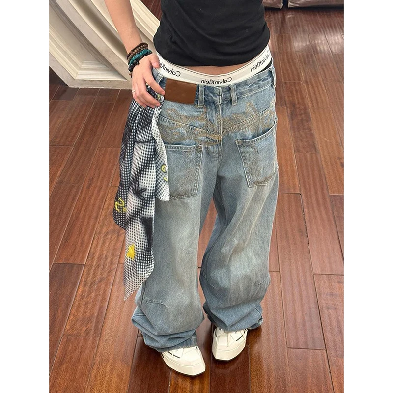 Jean Vintage bleu taille haute pour femmes, pantalon droit américain rétro brodé Baggy en Denim, Streetwear Y2K, jambes larges