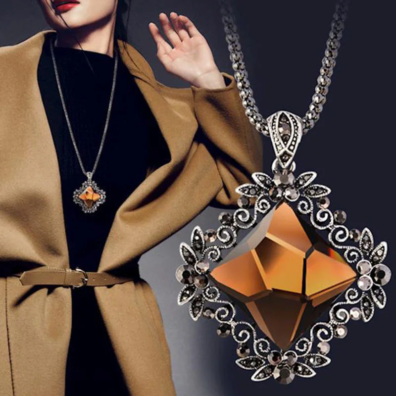 Antique Silver Crystal Square Long Necklaces & Pendants for Women Maxi Collier Femme Vintage Statement Colar Accessories Jewelry