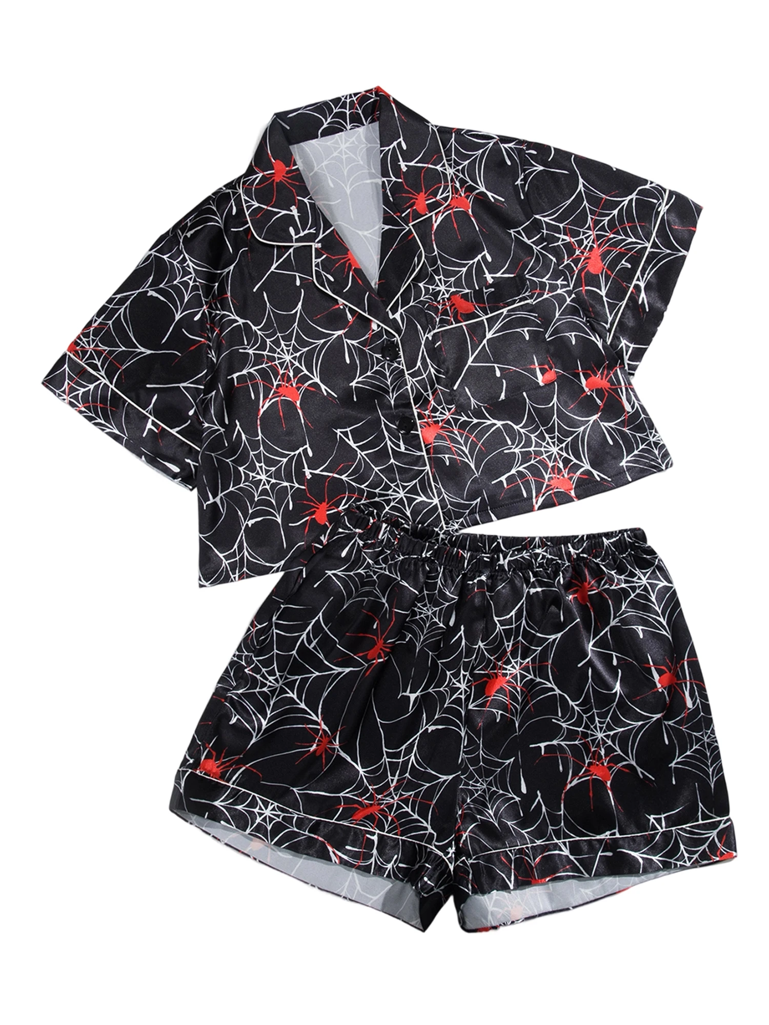 

Satin Pajama Sets for Women Spider Web Print Lapel V Neck Short Sleeve Tops with Shorts Soft Sleepwear