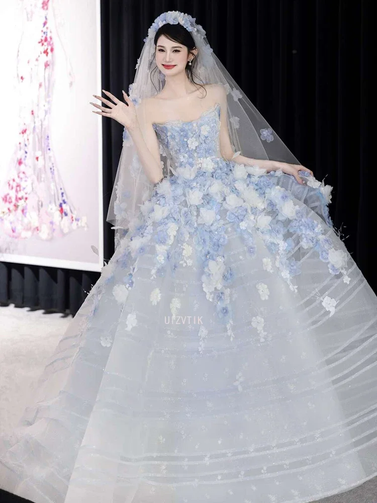 الزهور الزرقاء فساتين زفاف الزفاف النساء منتفخ الجنية فساتين السهرة قبالة الكتف ثلاثية الأبعاد الزهور فساتين حفلات Vestidos De Novia #4