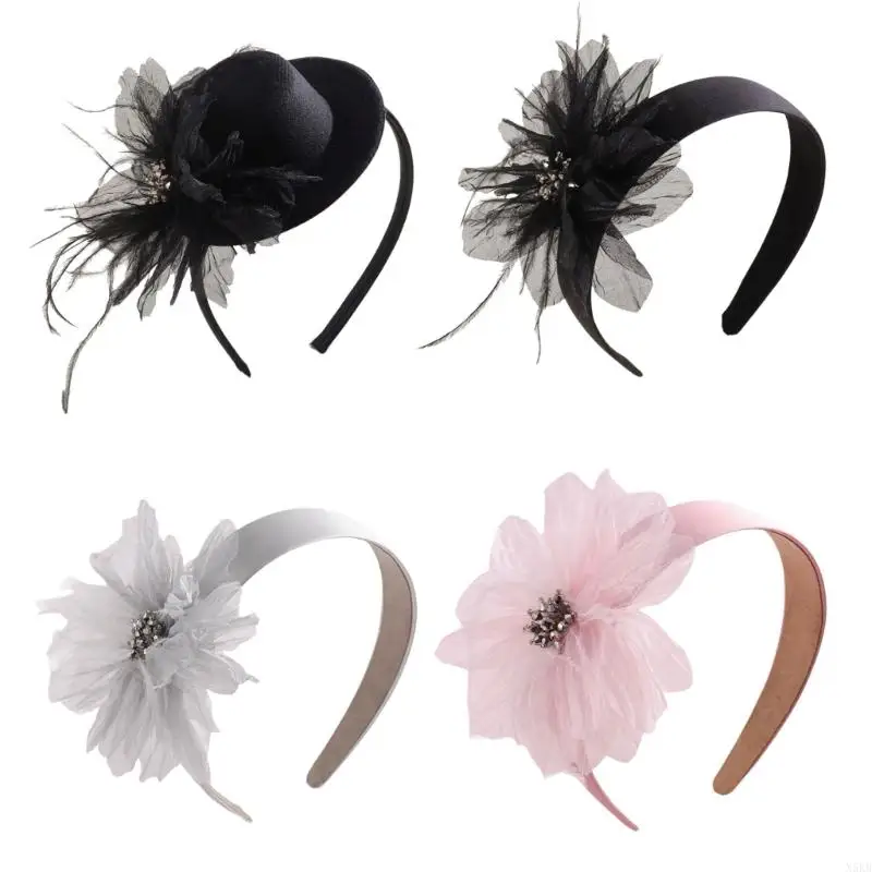 N5KB Retro Beading Net Flower Fascinator Flower Hairpiece for Costume Parties Studded with Feathered Oversized Flower