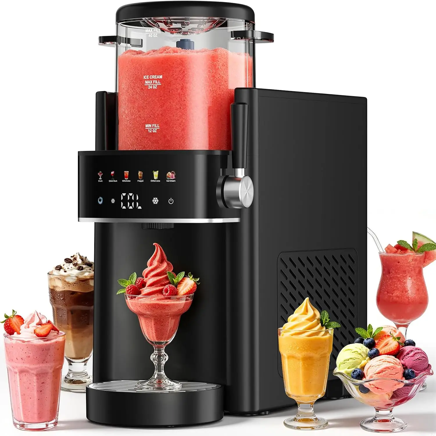 Home Slushie Machine 40OZ Capacity Black Ice Cream Maker Slushy Margarita Frozen Drink Soft Serve 6 Preset Temp Control Recipe N