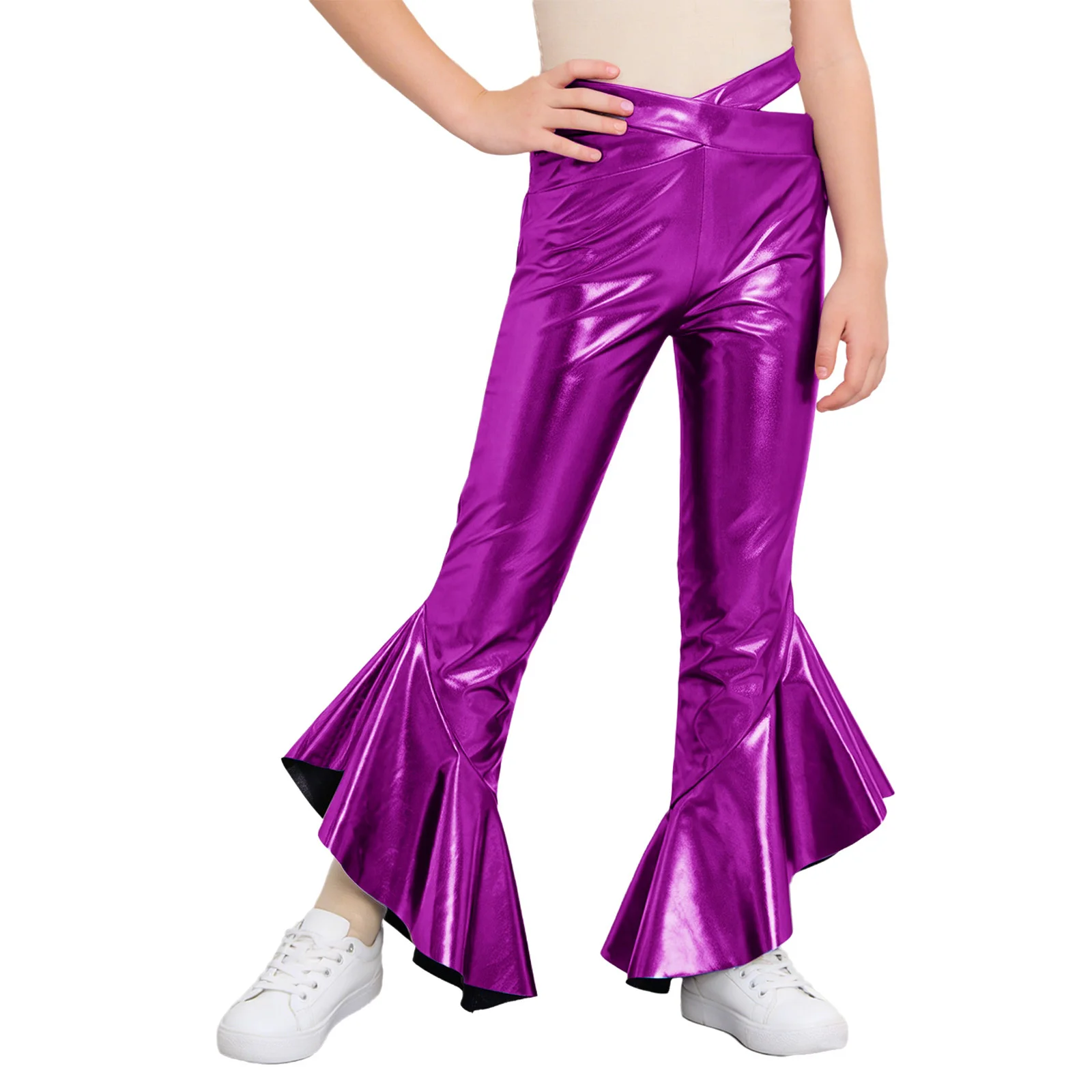 Kids Girls Metallic Jazz Waltz Disco Flared Pants Cross Waistband Ruffles Trousers for Disco Dance Theme Party Stage Performance