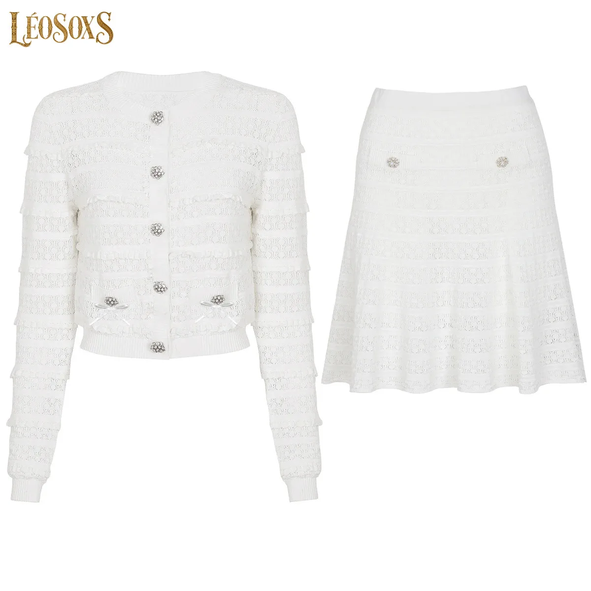 LEOSOXSFashion Summer New Women Commuter TwoPiece Outfit Knitted Lace Hollow Long Sleeve Top Rhinestone Button Decor Matching Sk