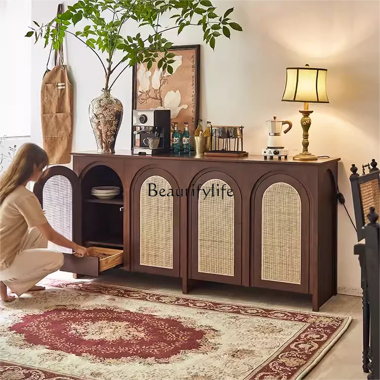 

French retro solid wood tea cabinet rattan household storage cabinet arched door