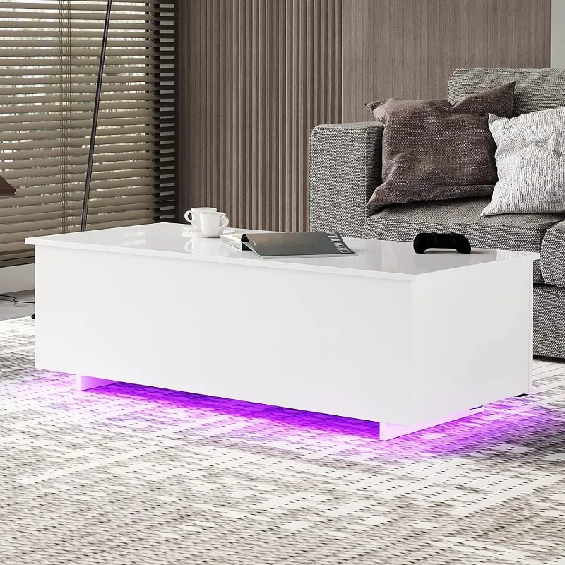 โต๊ะกาแฟ LED สำหรับห้องนั่งเล่น-โต๊ะเงาสูงพร้อมไฟ LED, 20สีควบคุมโดยรีโมทหรือแอป