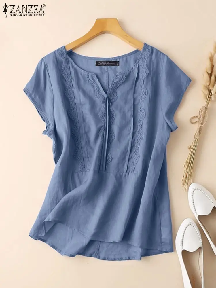 ZANZEA Casual Lace Stitching Tops Women Blouse V-neck Loose Holiday 2024 Summer Shirts Solid Color Vintage Short Sleeve Blusas