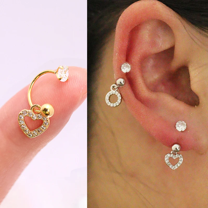 2 szt. Serce ze stali nierdzewnej krzyż spadek kolczyki dla kobiet mała gwiazda Hoop Helix Tragus chrząstka muszla Daith Piercing biżuteria