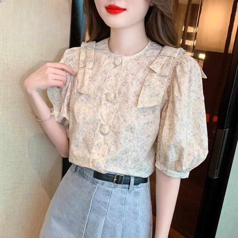 Fashion Floral Bubble Sleeve Shirt Women\'s Summer Design Niche French Style Top New Youthful and Beautiful Chiffon Shirt