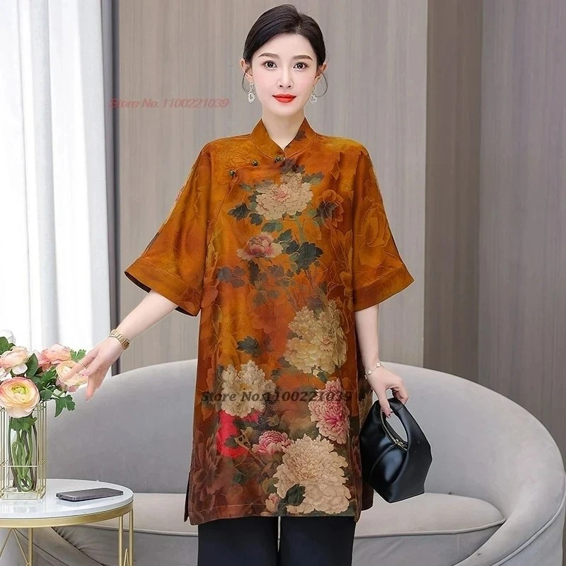 

2025 chinese improved qipao vintage satin dress cheongsam national flower print loose dress traditional a-line dress streetwear