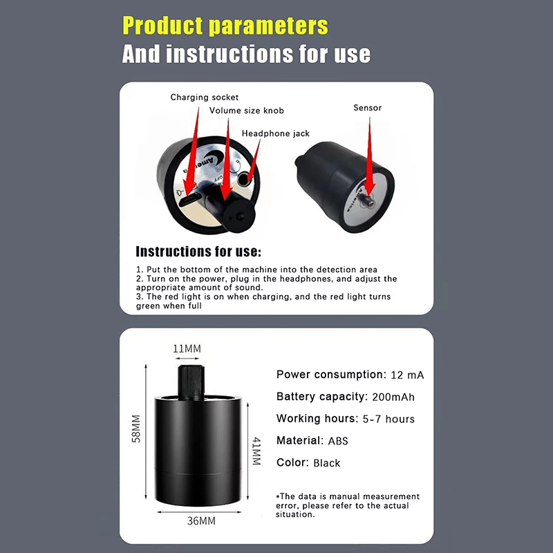 1Pc Water Leak Detector Multi-functional Sound Collector Suitable For Leak Detection Of Various Construction Pipe‘