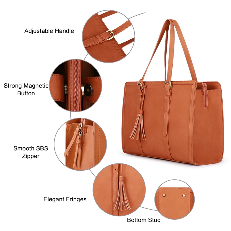 Women Genuine Leather Tote Bags PU Leather Computer Purse For Business Office With 3 Layer Compartments 15.6 Inch Laptop Bag