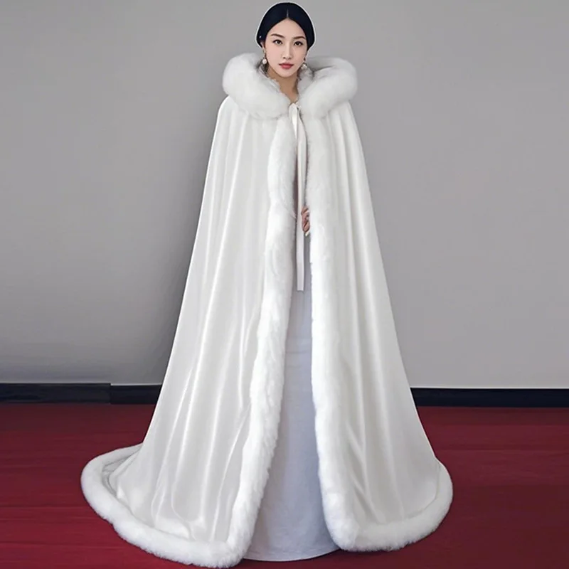 

High End Warm Shawl Long Haired Retro Hanfu Cape White Thickened Velvet Hooded Winter Wear
