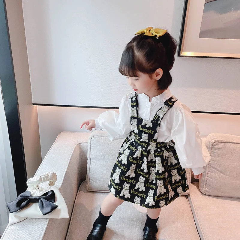 Girls retro Bear Strap Skirt21Autumn New Children's Internet Celebrity Jacquard Dress Stylish Strap Puff Dress