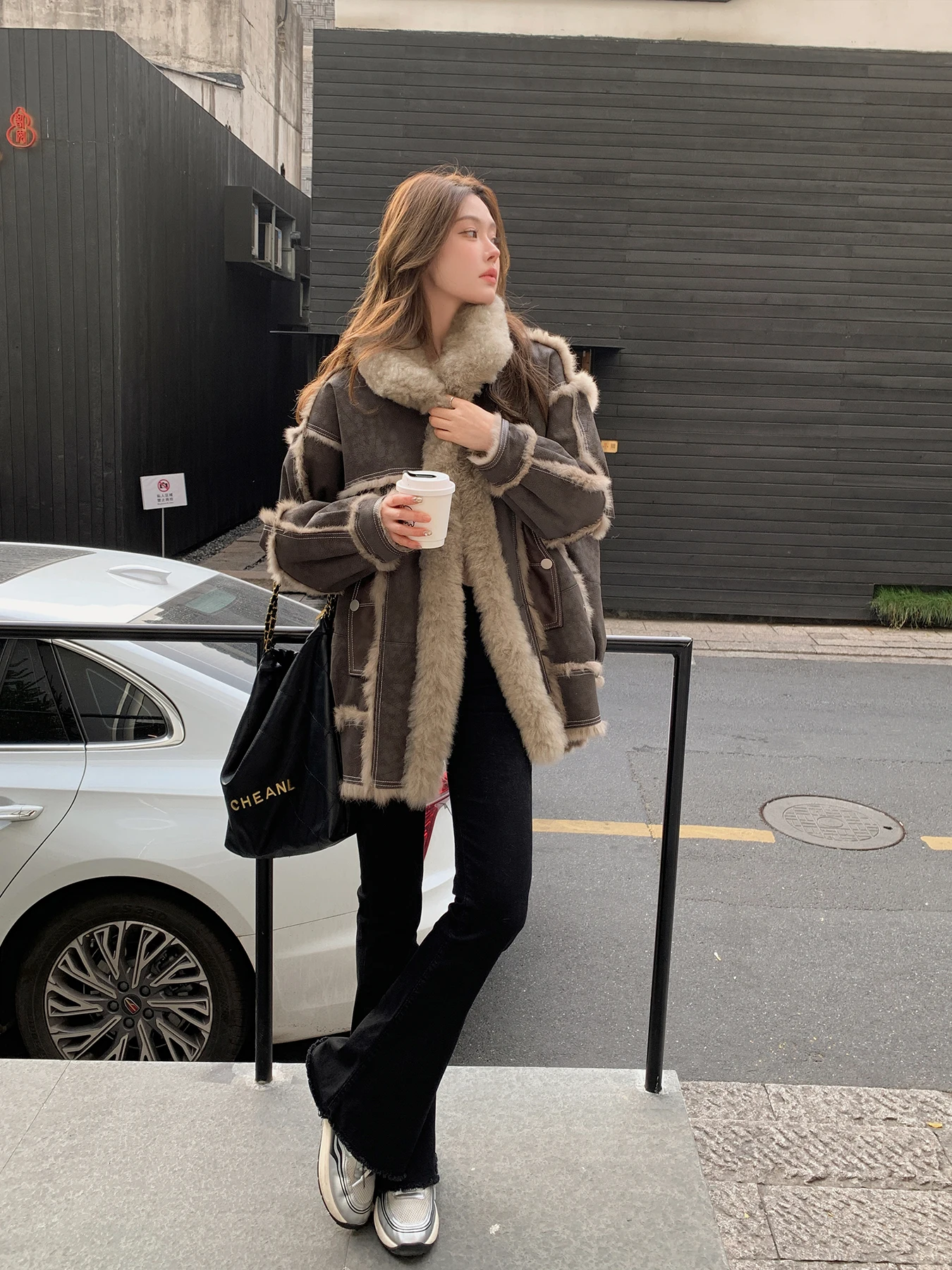 Automne hiver nouveau Sle moto fourrure de lapin épissage laine cuir manteau femmes Version ample moyen Long manteau Fem modèle