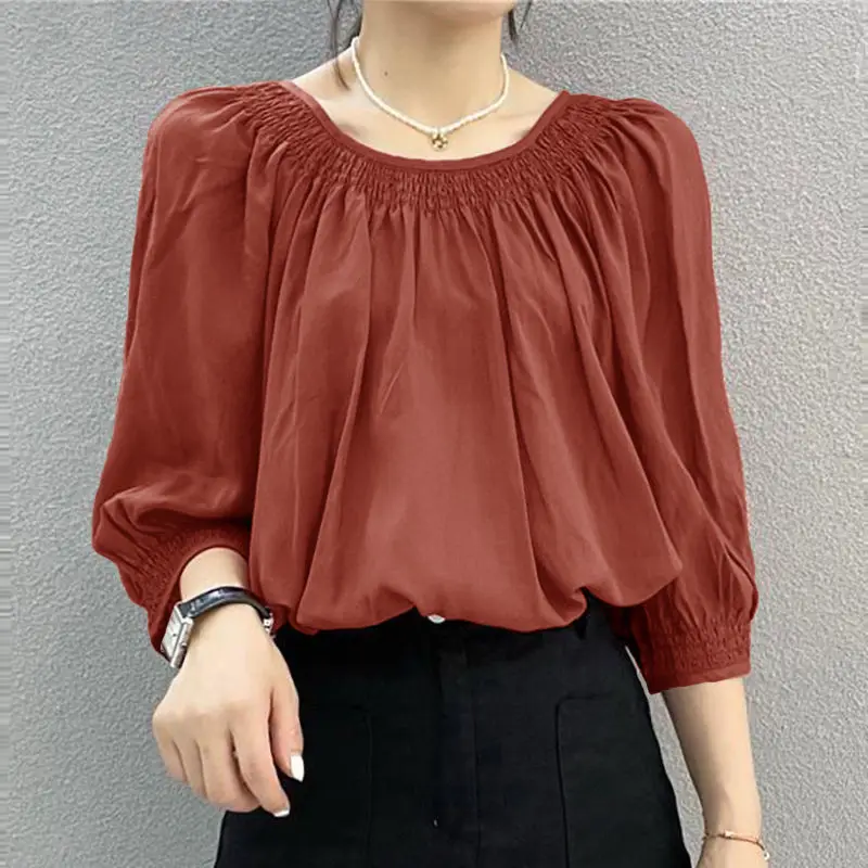 Ice Silk Round Neck Simple Solid Short Sleeved Chiffon Shirt for Women\'s Summer Large Loose Slimming Fashion T-shirt Casual Top