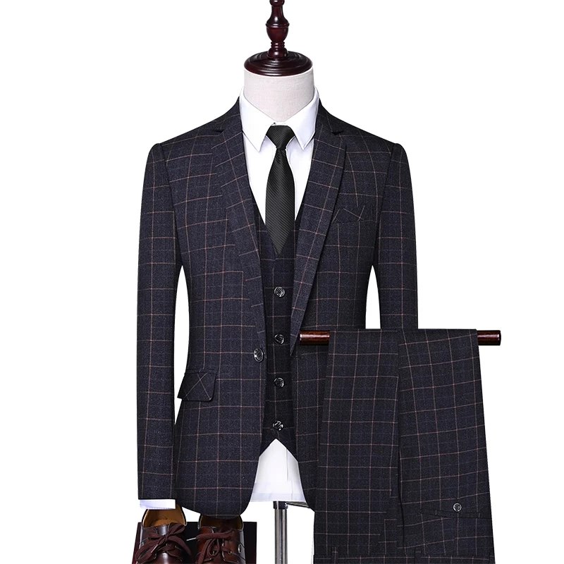2025 new fashion lapel plaid pattern suit banquet + dress three-piece professional dress handsome men's clothing