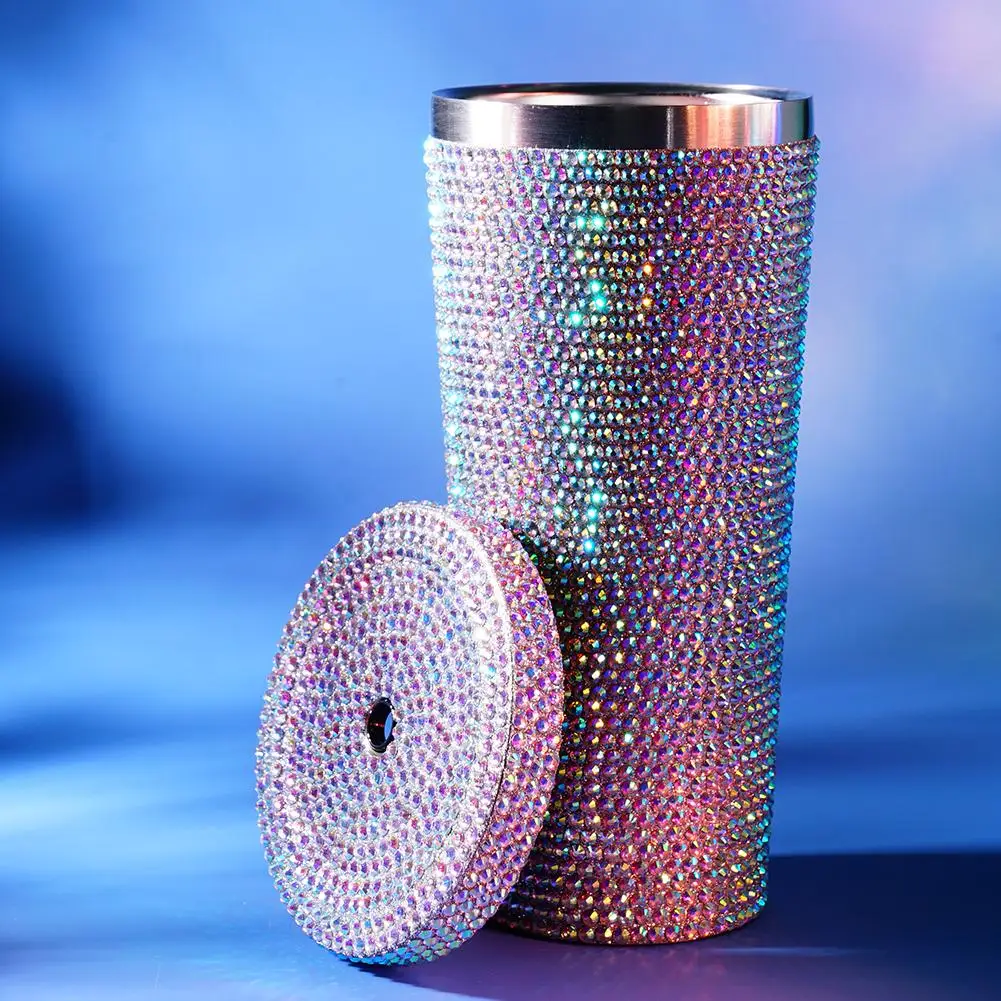 750ml Shining Rhinestone Stainless Steel Double Layer Cups Straw Cup With Lid Water Bottle Women Glitter Cup Water Cups