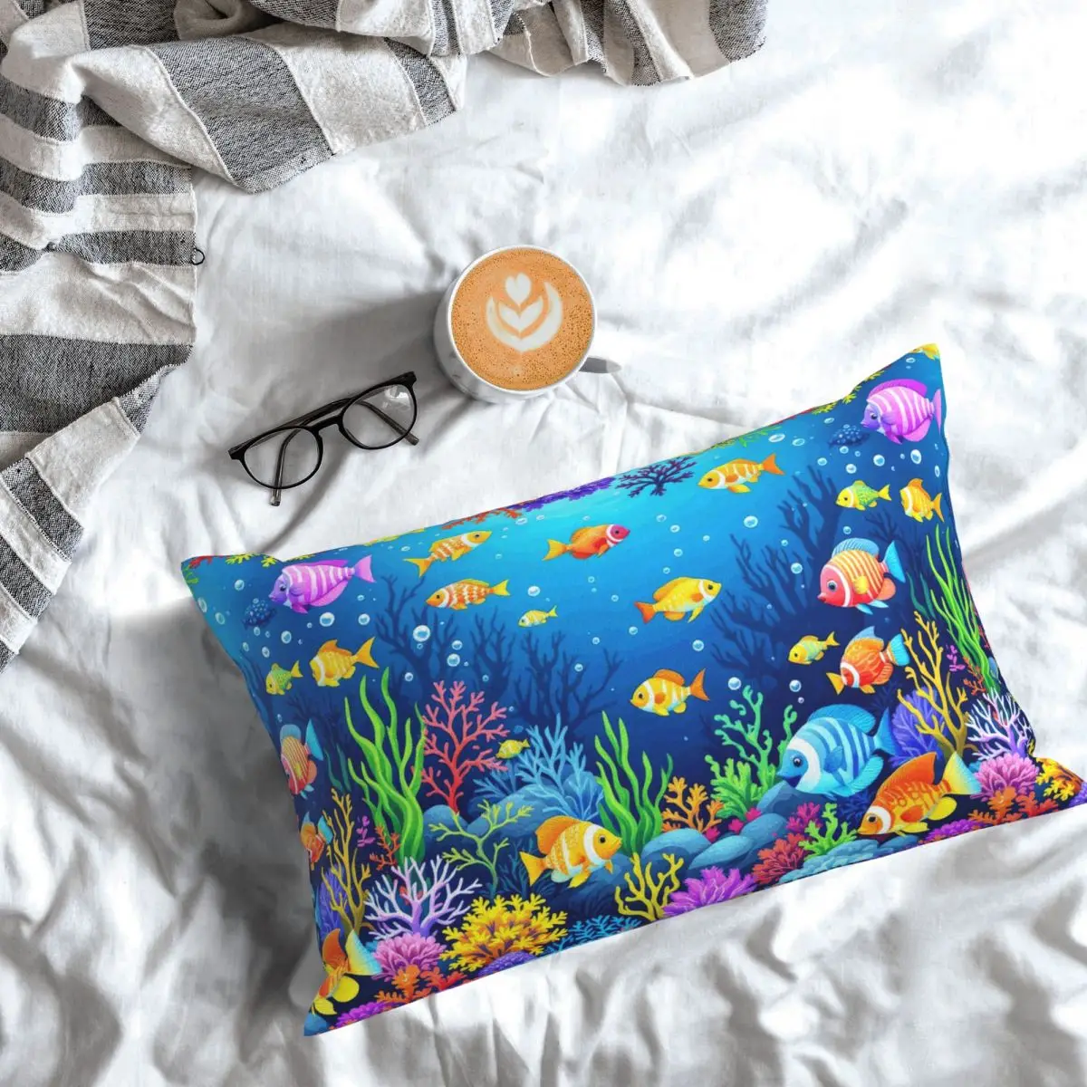 Funda de almohada rectangular con diseño de peces de arrecife de coral subacuático, funda de cojín decorativa para dormitorio, cama, hogar, almohada cómoda
