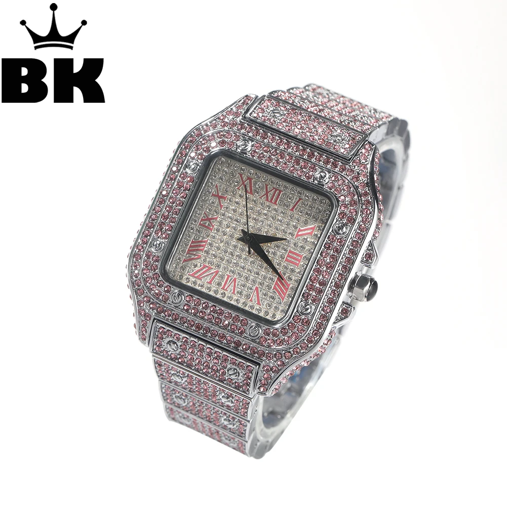 Pink Austrian Rhinestone Square Quartz Watch For Women Men Full Iced Out Blue Rhinestones Pave 3.5cm Dial Luxury Hiphop Jewelry