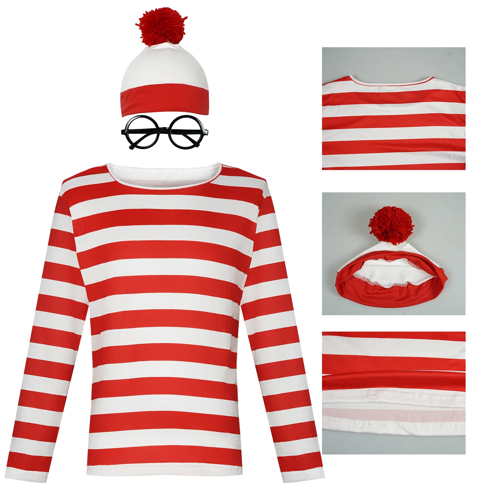 Cartoon Where is Wally Waldo Cosplay Costume Outfit Stripe Shirt Hat Glasses Halloween Christmas Outfit