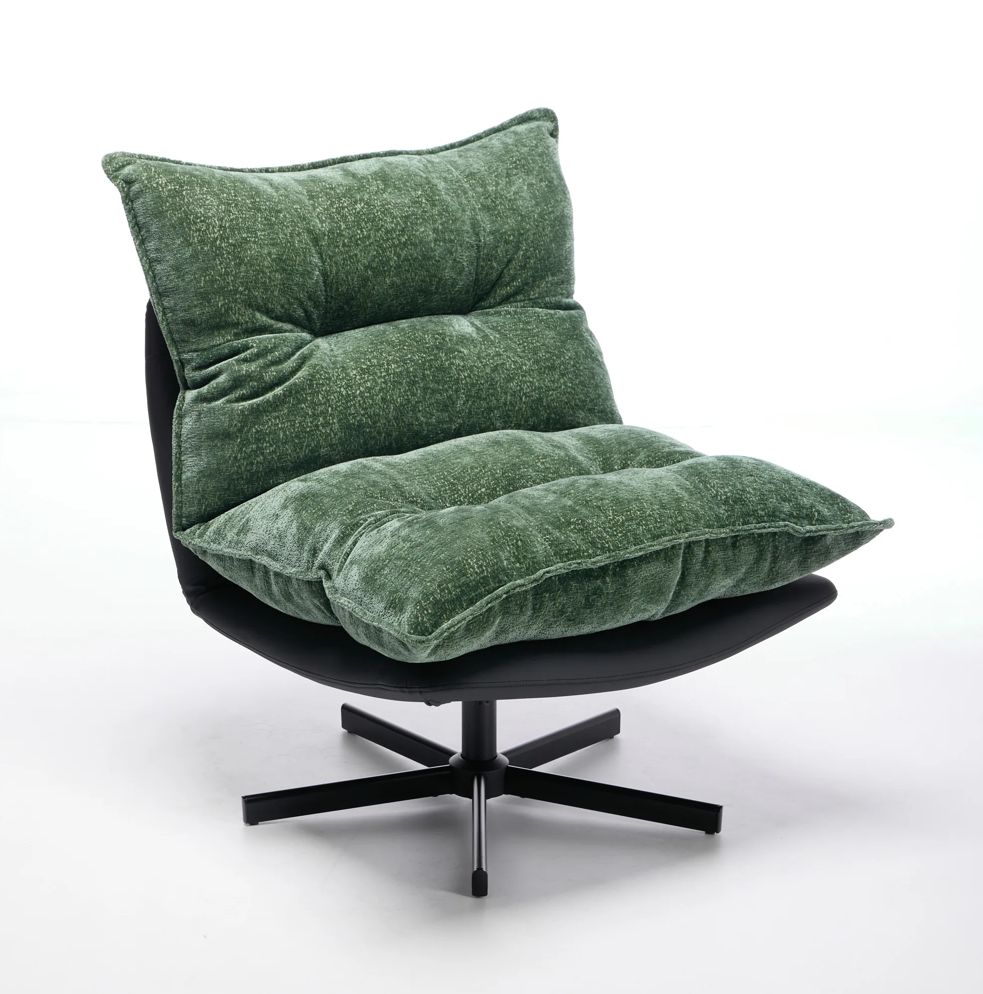Fauteuil inclinable pivotant avec dossier réglable en 3 positions, revêtement en chenille et mousse à mémoire de forme, pieds en métal noir, couleur verte.