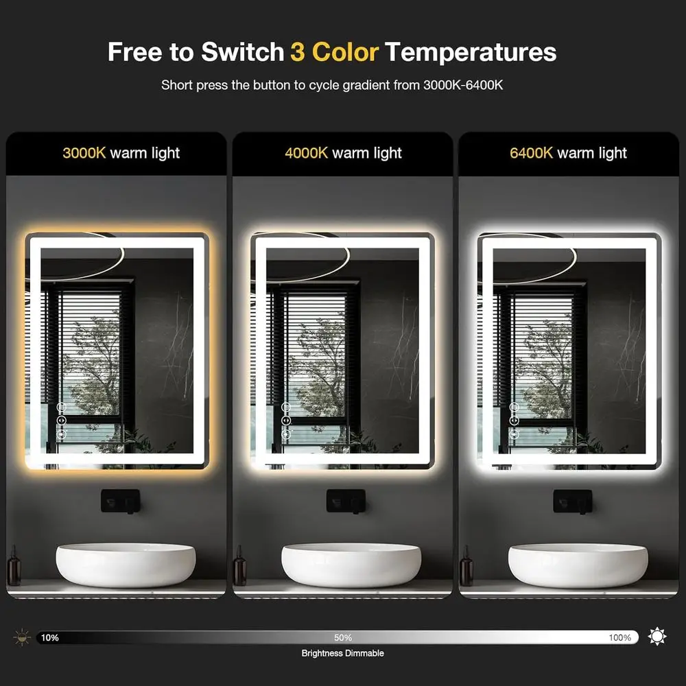 Miroir de salle de bain éclairé par LED 24x32 avec antibuée, lumière variable et verre trempé