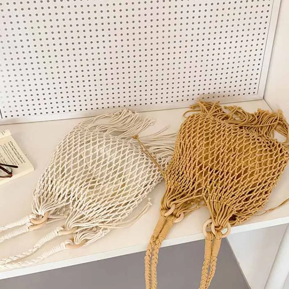 

Hollow Out Cotton Thread Woven Bag Tote Bag Bohemian Style Tassel Beach Bag Large Capacity Beach Handbag Hollow Shoulder Bag