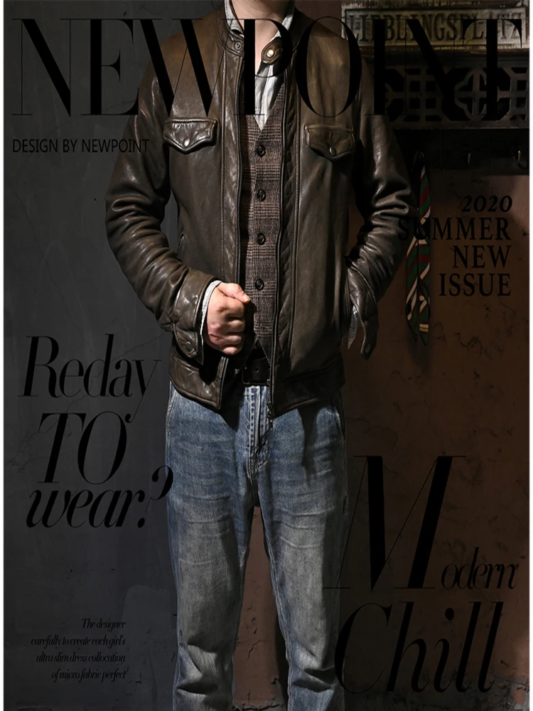 

YR!Free shipping.Brand luxury Vintage style slim men genuine leather jacket.heavy tanned sheepskin coat.Cool Korean