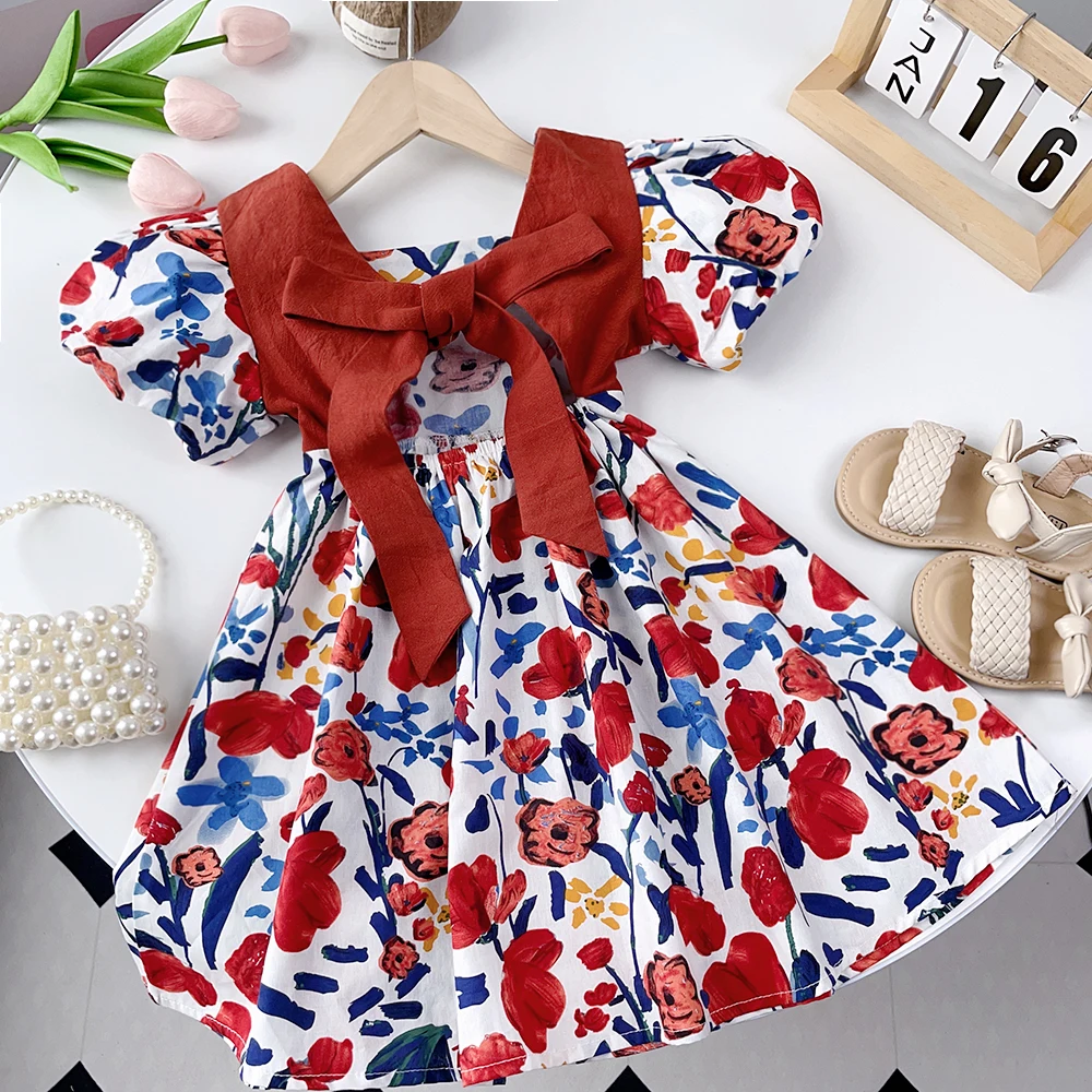 3-7 Years Girls Summer New Fashion Sweet Clothes Print Puff Sleeve Bow Backless Princess Dress 1 Pc Kids Party Cute Wear