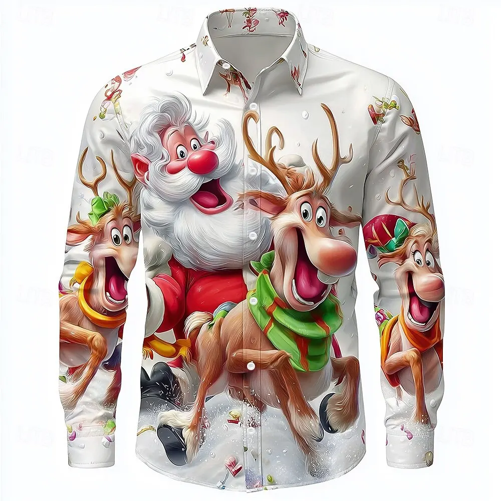 Christmas Men's 3D Graphic Long Sleeve,Street Style Fashion,Cartoon Santa Claus Reindeer Prints Design,2025 Fall Casual Shirt