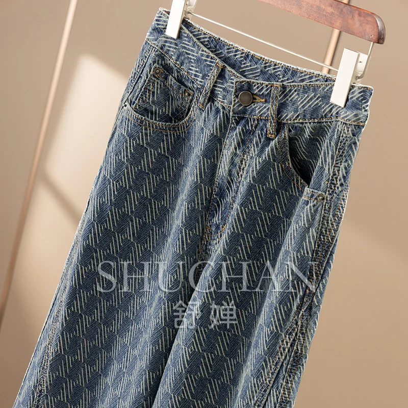 Early Autumn Ndustry Rhombus Jacquard High Waist Straight Pull Jeans Women's 83A1  Blue Jeans for Women