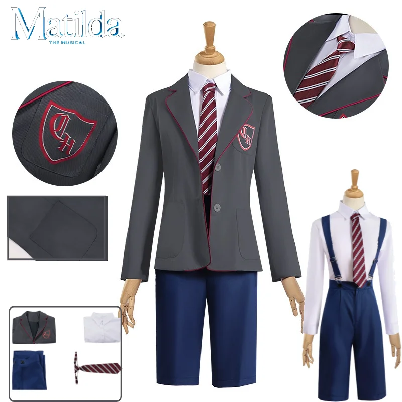 

Matilda Cosplay Costume | Hortensia Musical Grey-Blue Shorts School Uniform Unisex for Adult Men Women Stage Outfit for Party