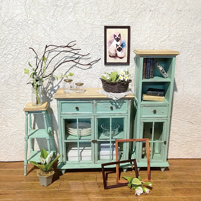 Mini DIY Wooden Furniture Cabinet Flower Rack Decorative Set Mini Doll House Home Accessories Handmade Decorative Model