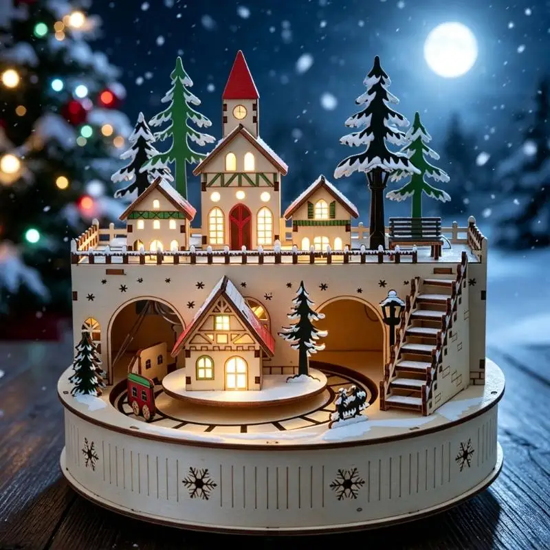 Led Musical Village House With Motion Wooden Christmas Village Music Box with Warm LED House Scene, 3D Seasonal Indoor Y5GB