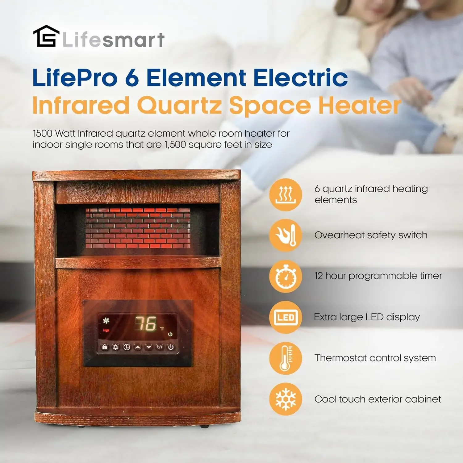 LifePro 1500 Watt Portable Electric Infrared Quartz Space Heater with 6 Heating Elements, Wheels, and Remote for Indoo