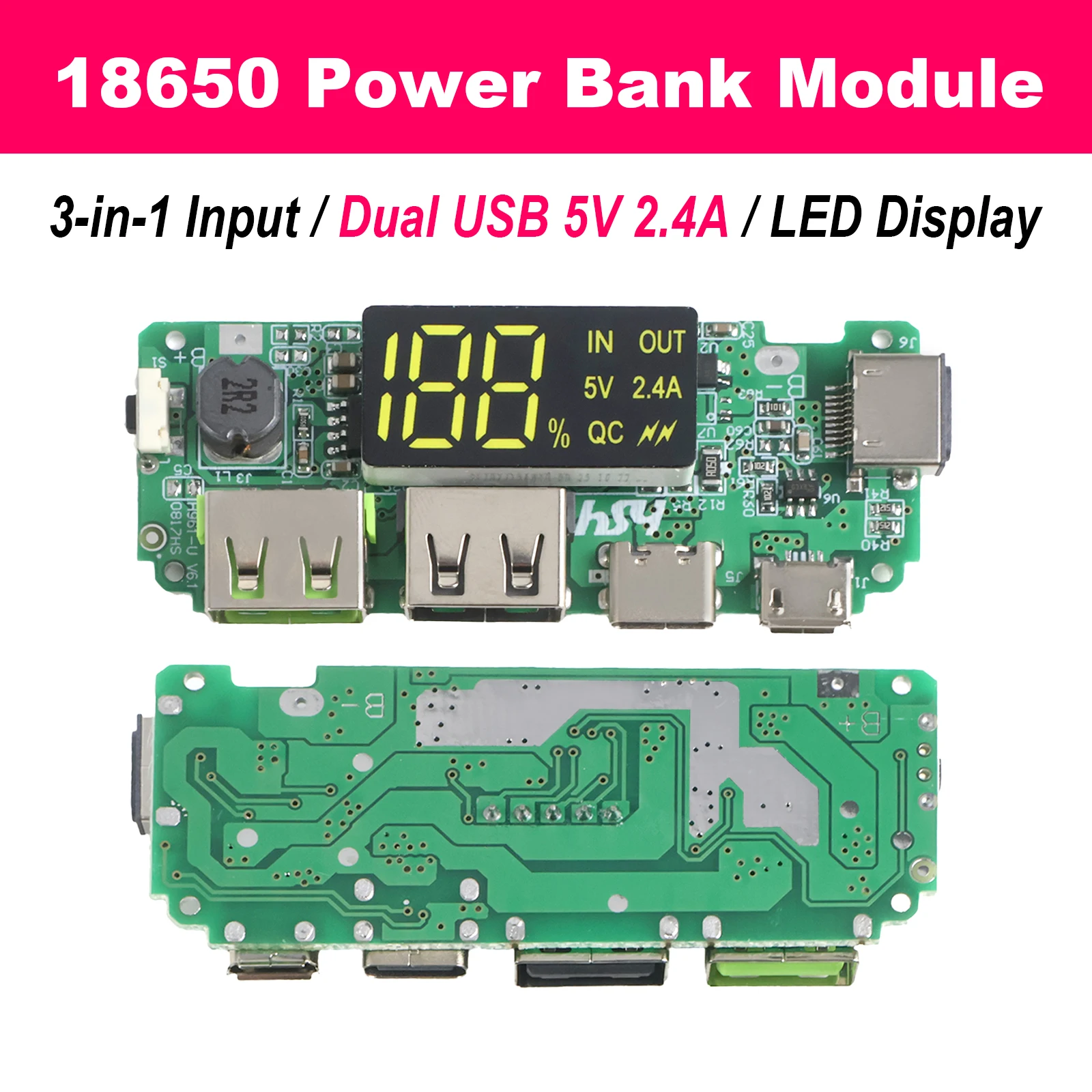 18650 Charging Board Power Bank Module Dual USB 5V 2.4A Type-C Micro USB Lightning LED Display Protection DIY Module Boost