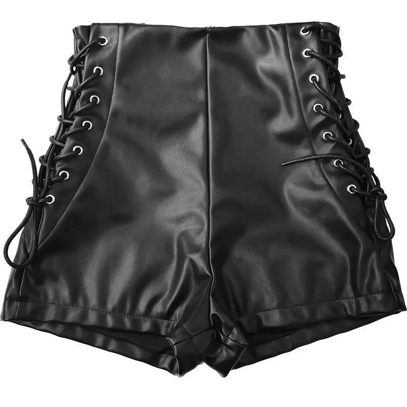 Sexy Super Black Strap Pu Leather Shorts Women Nightclub High Waist Booty Shorts