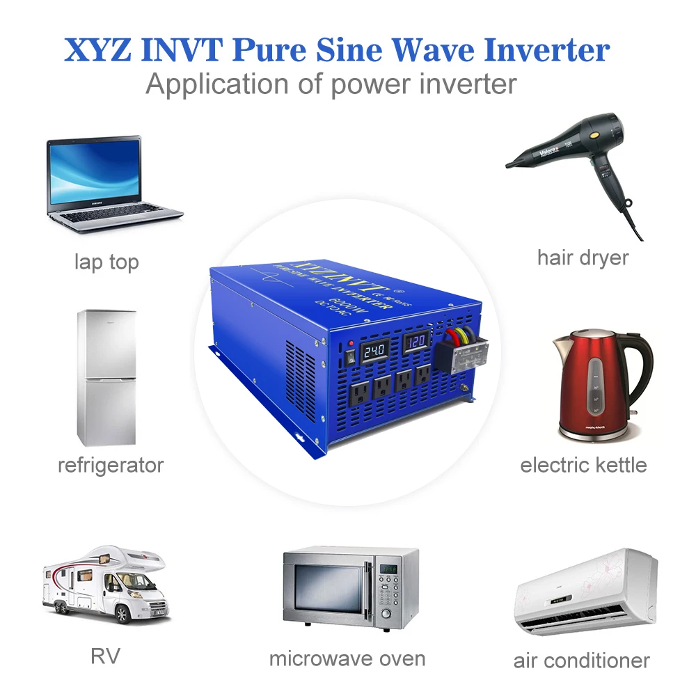 Pure Sine Wave Solar Inverter 6000W 12V 220V Off Grid PV Power Converter 24V 36V 48V 96V DC to 110V 120V 130V 230V 240V AC