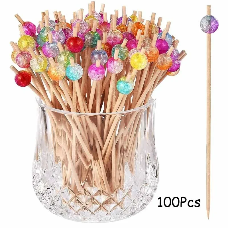 100Pcs Colorful Bead Fruit Drink Picks Food Sticks Acrylic Crackle Ball Bamboo Toothpicks for Home Kitchen Party Supplies