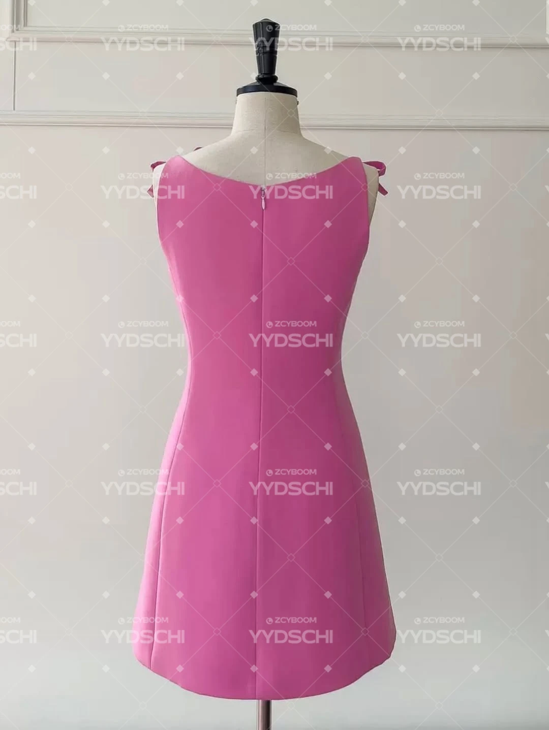 Maßgeschneidertes, elegantes A-Linien-Minikleid mit Schleife für Cocktailpartys, Satin-Spaghettiträger, O-Ausschnitt, Abendkleider über dem Knie, Ballkleid – Detail 5