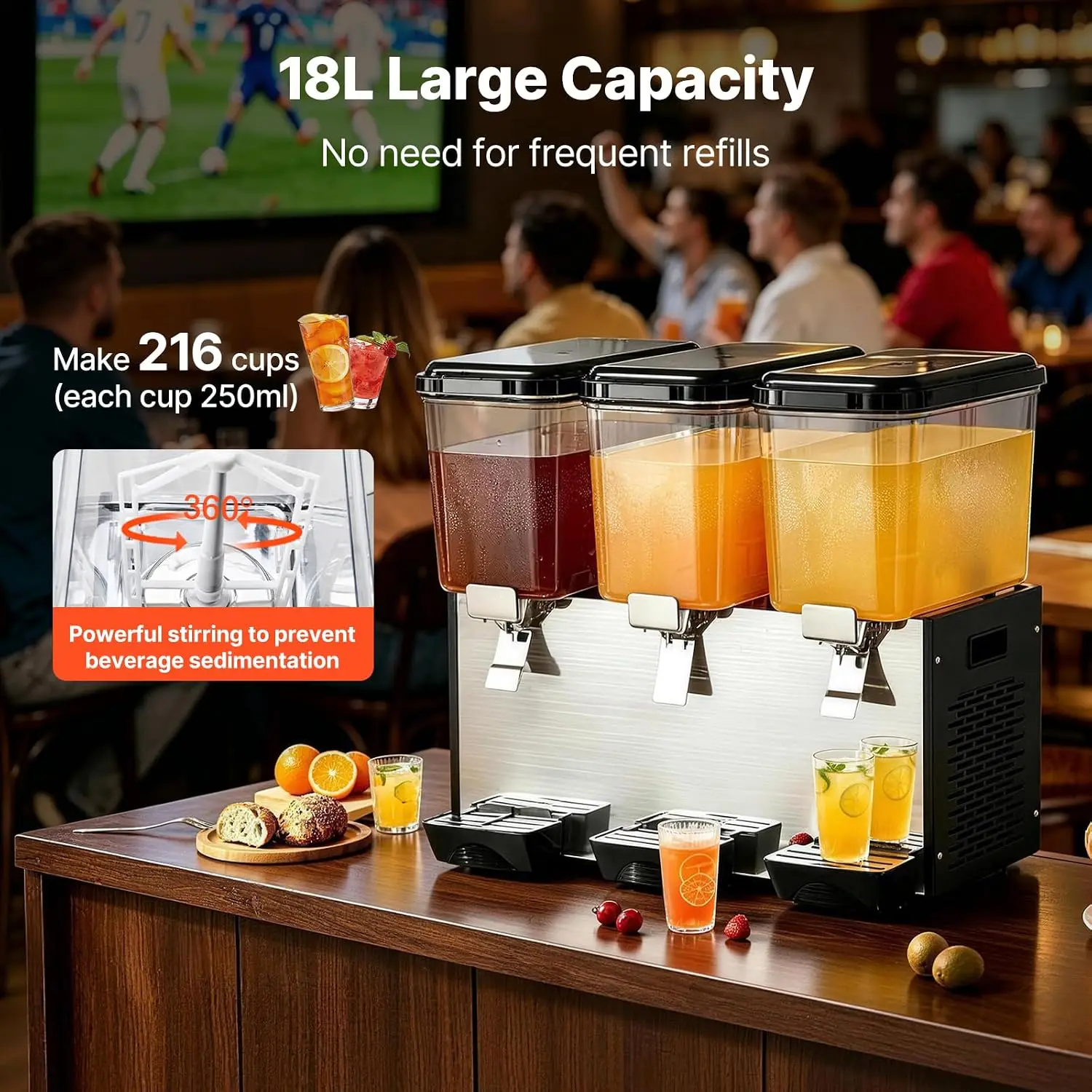 Commercial Beverage Dispenser, 3 Tanks Juice Dispenser, 18 L / 19 QT Per Tank, 512W Stainless Steel Ice Tea Drink Machine with 4