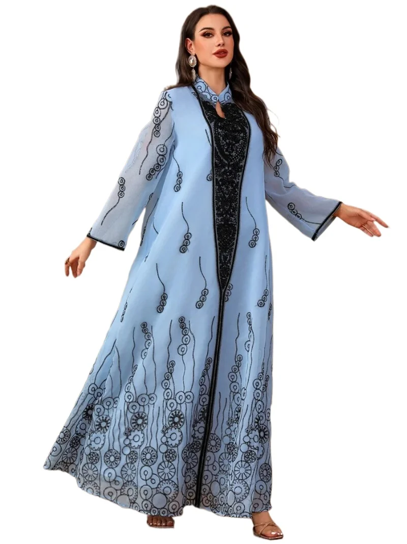 

2.New Dubai Embroidery Maxi Abaya Fashion Sequin Floral Pattern Mesh Sleeve Dress 2025 New