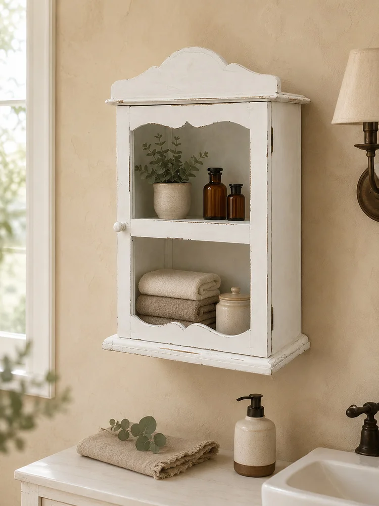 Handmade Vintage White Wood Display Cabinet with Glass Door, Wall-Mounted or Tabletop Storage Shelf for Bathroom Kitchen Decor view 5
