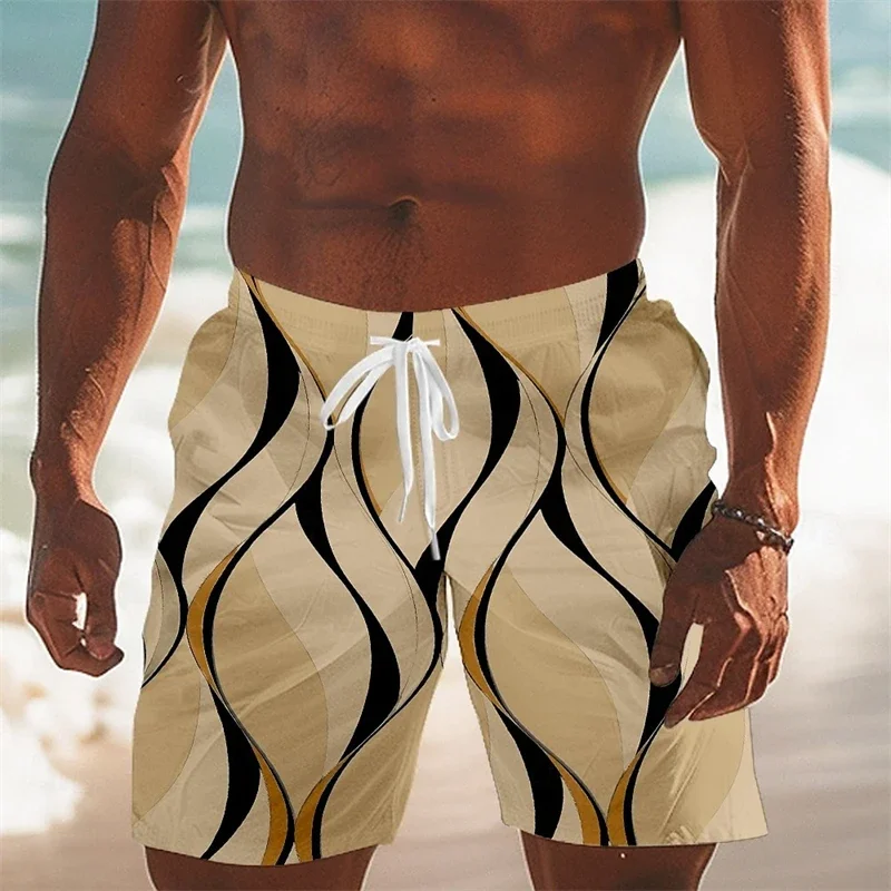Summer fashion swimwear wave art striped men's beach shorts simple casual 3D printed pattern loose drawstring football sports