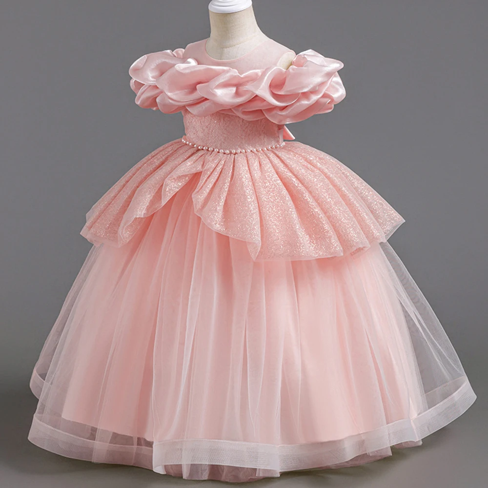 3-8T Solid Color Flower Girl Dress Cute Pleated Puff Off Shoulder Collar O-neck Gown Pearls Belt Bow Tiered Birthday Party Dress