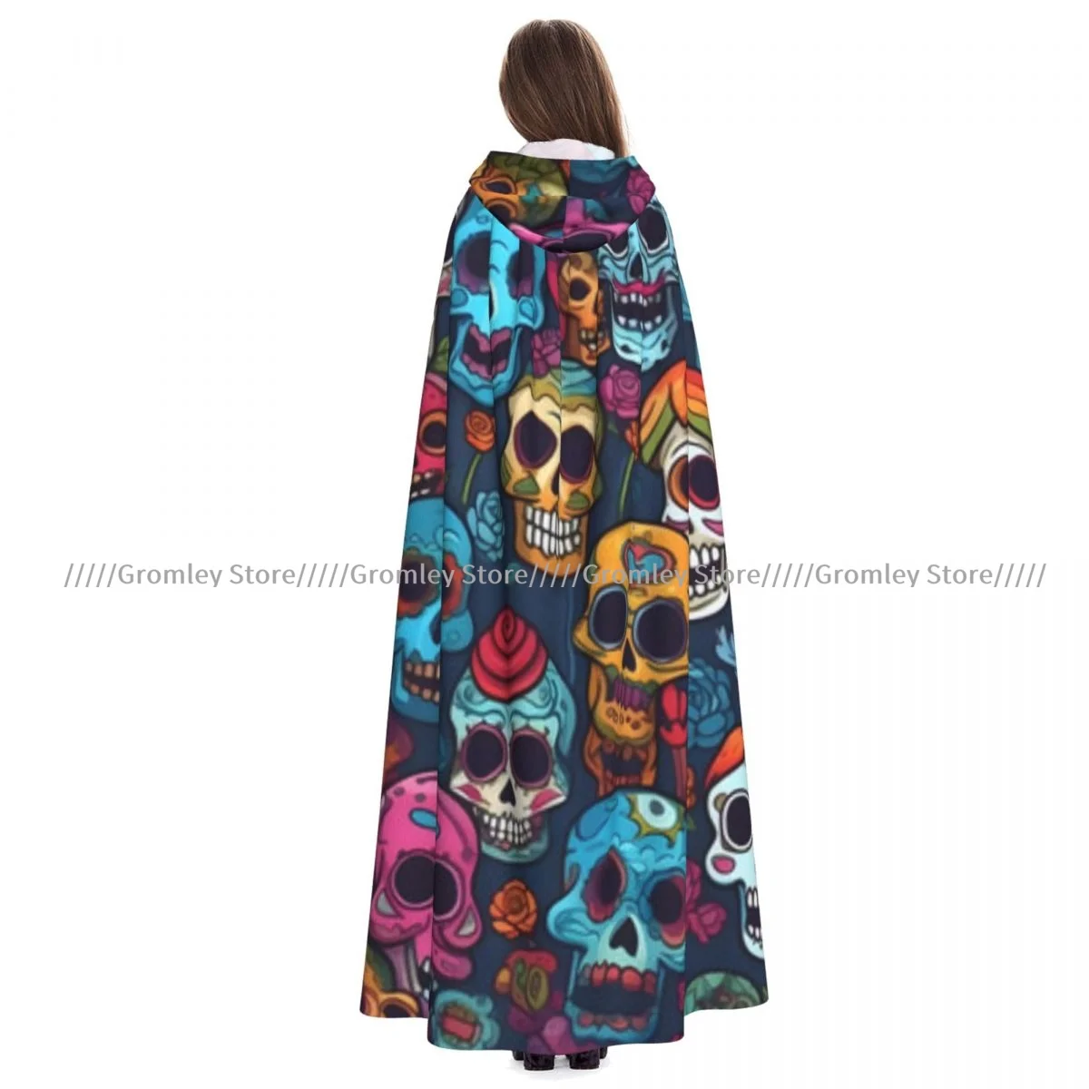 

Witch Long Hooded Robe Skulls Flowers Day Of The Dead Print Halloween Cloak Cosplay Costumes for Adult