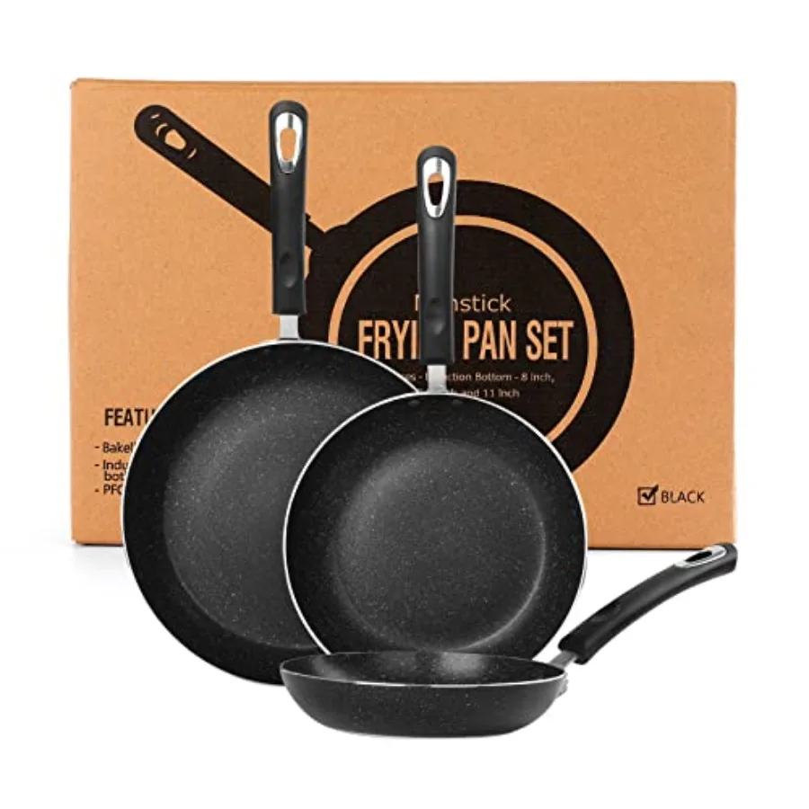 

3Piece Nonstick Frying Pan Set for Induction Cooktop Includes 8 Inch 9.5 Inch and 11 Inch Skillets in Black Ideal for Home Cook