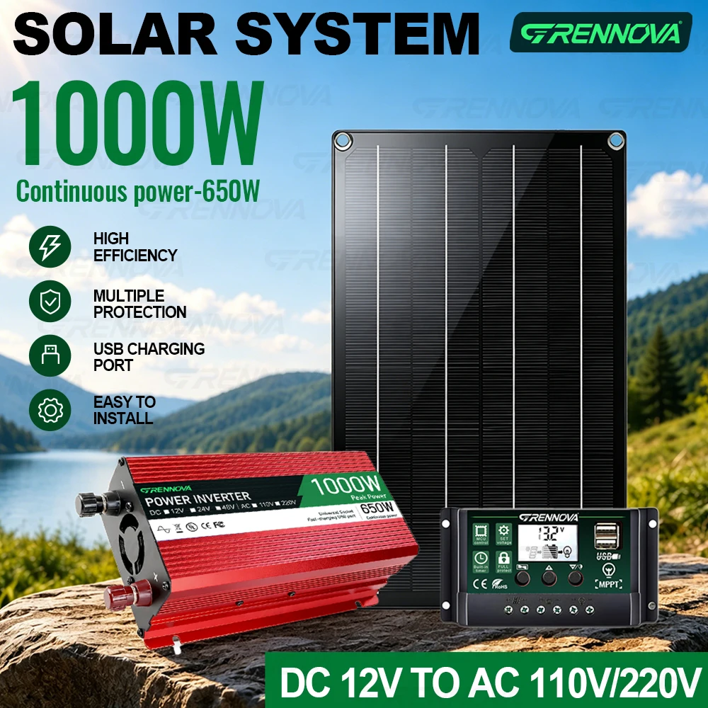 GRENNOVA 1000W(Peak）Solar Kit 60W Solar Panel Inverter（Rated 650W) MPPT Controller DIY Setup Emergency Power For Orchard Fishing